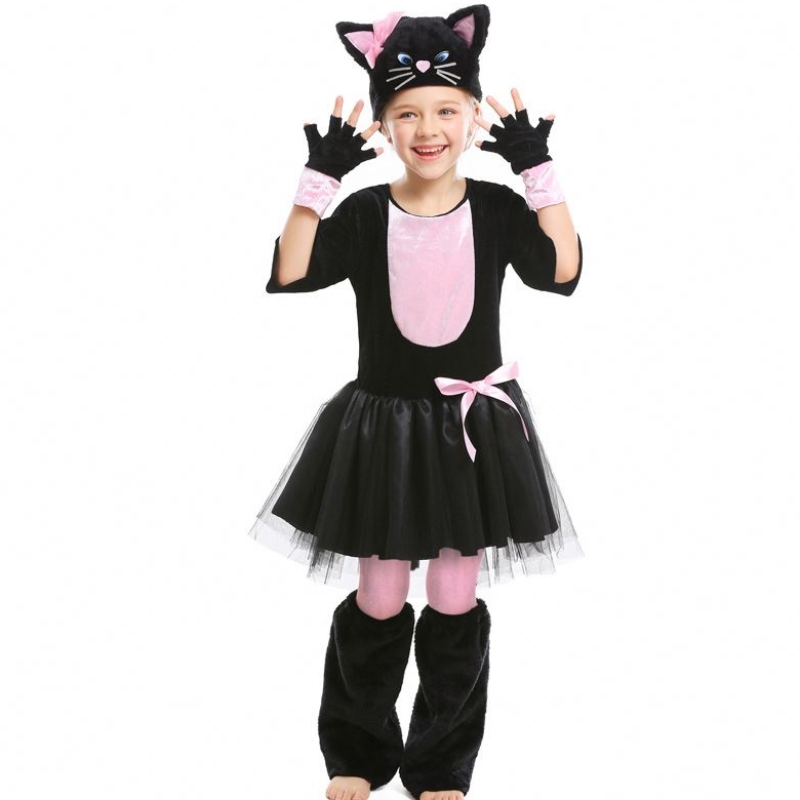 Tyttöjen kitty-puku Halloween pukeutuu mustalle kissan puku lapsille 4-12y DGHC-069