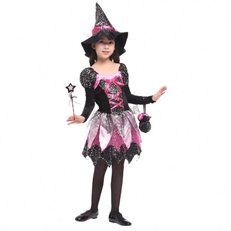 Kid Girls Wand pukeutuu vaatteet Halloween Witch -puku kimaltelevat hopeatähdet painettu cosplay -mekko terävällä hatulla