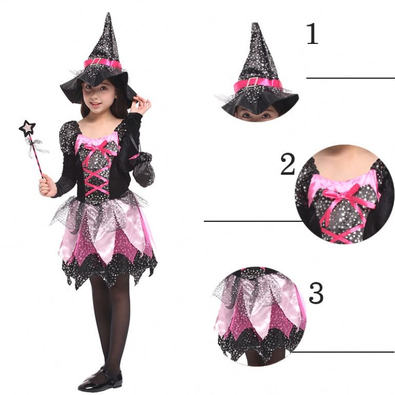 Kid Girls Wand pukeutuu vaatteet Halloween Witch -puku kimaltelevat hopeatähdet painettu cosplay -mekko terävällä hatulla