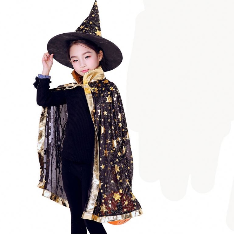 Lapset Halloween -pukujen tähti Wizard Witch Cloak Cape Robe kanssa terävä hattu cosplay Ruokija syntymäpäiväjuhlat Mardi Gras -lisävaruste