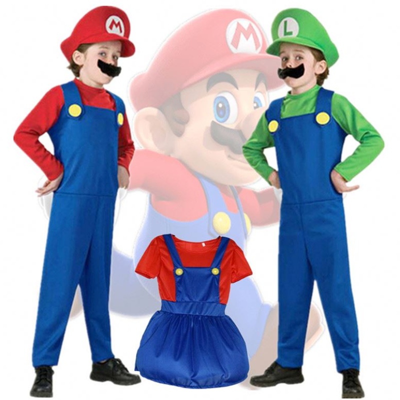 Lapsi Super Mari Bros Cosplay Jumpsuit Puit Boy Girl Halloween Anime Fantasy Romper Luigi Brothers Dress Hat -puku