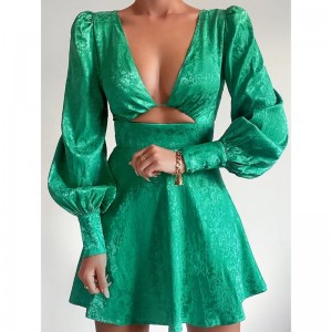 V-kaula ontto jacquard-mekko Lantern Sleve Lyhyt mekko kevään vintage-tyylinen A-linja-mekko