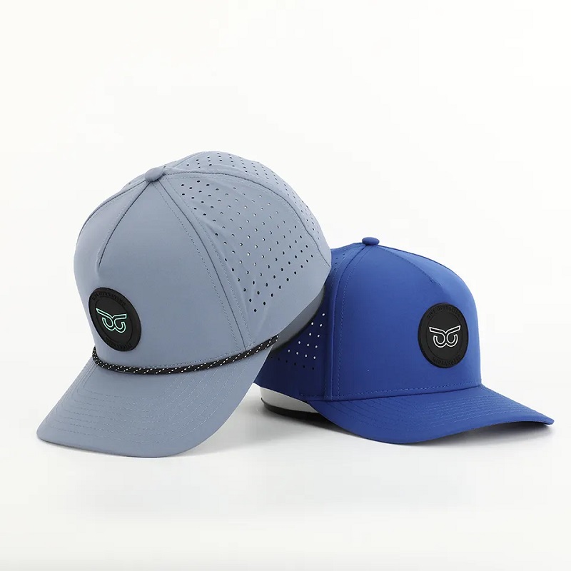 Uusi muoti räätälöity PVC Patch Logo 5 Paneeli Vedenpitävä polyesteri Sport Golf Hat, Laser Cut -rei'itetty isä Gorras, Köysi Baseball Cap