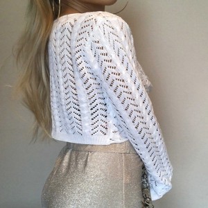 Valkoinen V-kaula-aukko Pullover ontto pitkähihainen muotinäyttely ohuet seksikäsneulotutnaiset pusero