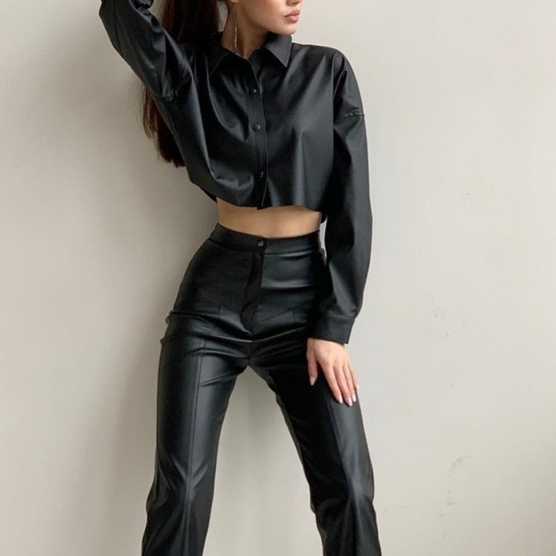 Syksy- ja talvi moottoripyörä seksikäs matta PU-nahka mikroelastinen pitkähihainen lyhyt paita