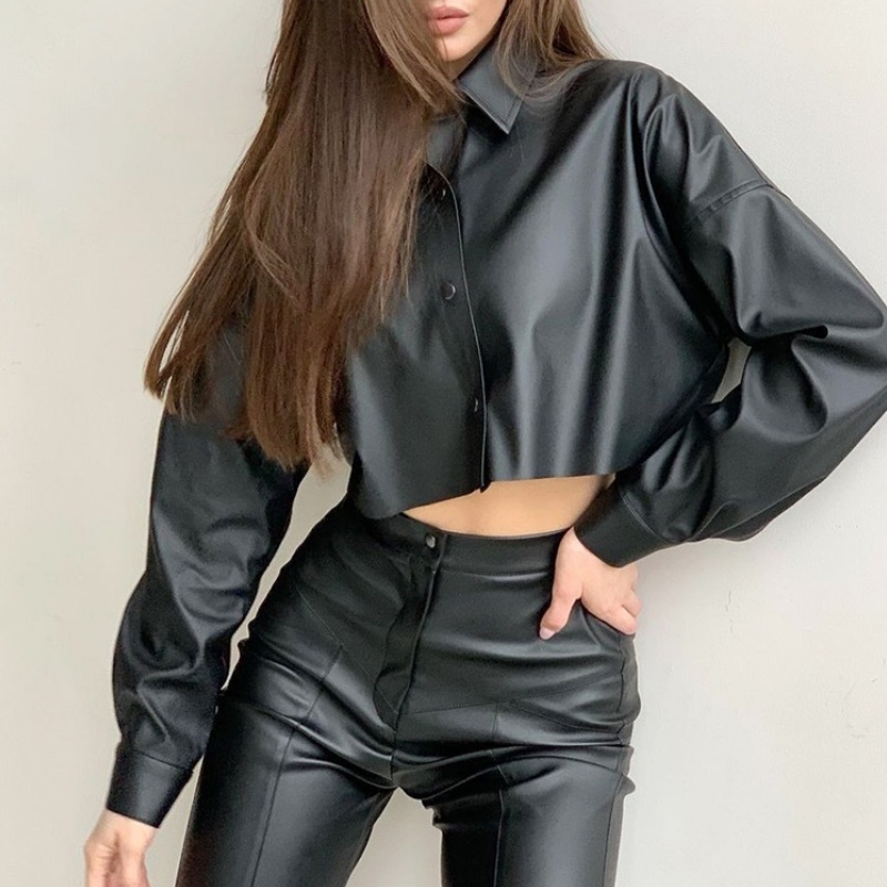 Syksy- ja talvi moottoripyörä seksikäs matta PU-nahka mikroelastinen pitkähihainen lyhyt paita