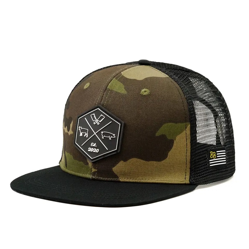 Tukkumyynti räätälöity hip hop camo snapback mesh brodeerattu patch -logo mukautettu 6 paneelin litteä reuna -kuorma -autokorkki ja hattu