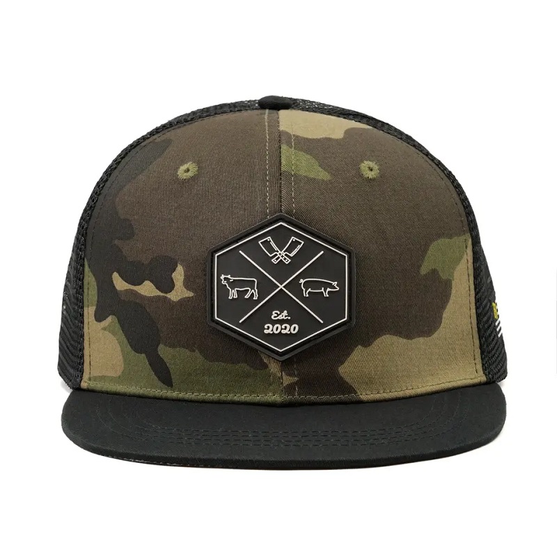 Tukkumyynti räätälöity hip hop camo snapback mesh brodeerattu patch -logo mukautettu 6 paneelin litteä reuna -kuorma -autokorkki ja hattu