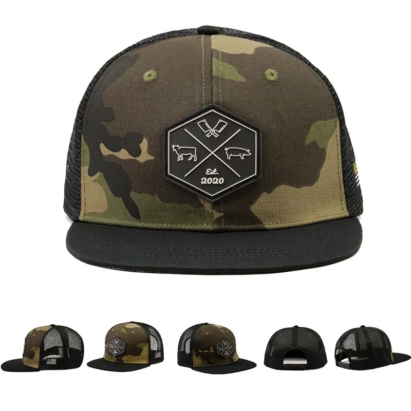 Tukkumyynti räätälöity hip hop camo snapback mesh brodeerattu patch -logo mukautettu 6 paneelin litteä reuna -kuorma -autokorkki ja hattu