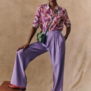 Uusi ranskalainen tyylikäs moderni painetut kuvion virtaava silkki ja puuvilla sekoitus pitkähihainen ohut paita