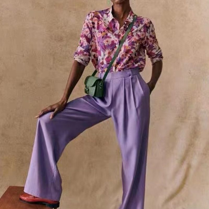 Uusi ranskalainen tyylikäs moderni painetut kuvion virtaava silkki ja puuvilla sekoitus pitkähihainen ohut paita