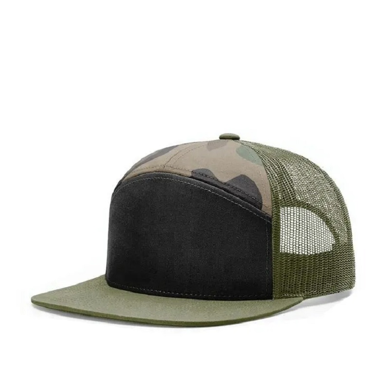 Korkealaatuiset mukautetut tasangon 7 paneelin mesh trucker hat snapback hattuja