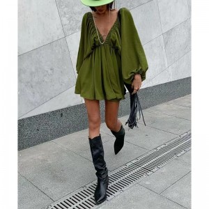 Retro-suunnittelu rento tuuli-kaula-aukko yksivärinen pusero syksy uusi lyhtyhiha korkea vyötärö temperamenttimekkonainen