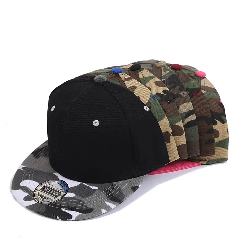 Räätälöity logo yksivärinen hattu Camo Light Plate Flat pitkin baseball Capp -miehiä janaisia ​​kesän hip hop rullalauta snapback caps