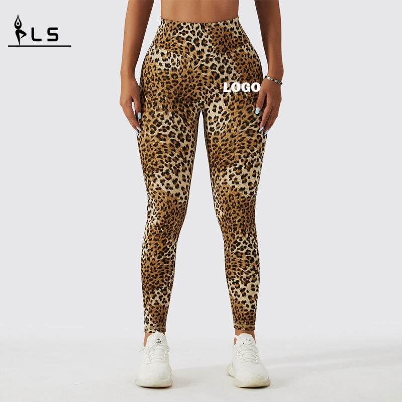 SC10112 Saumaton leopardi tulostettu korkea vyötärö Fitness Legging Femme Ribbed Scrunch Bum Leggings -joogahousut