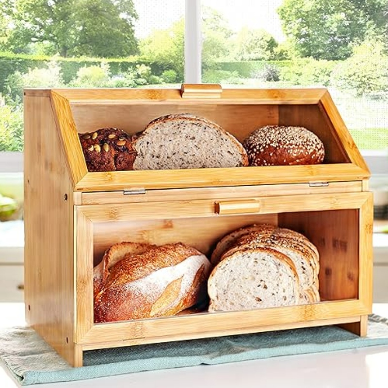 Bambu -leipälaatikko keittiön tiskille - kaksikerroksinen leipävarasto selkeillä ikkunoilla - maalaismainen maalaistalotyylinen leipä -roskakori