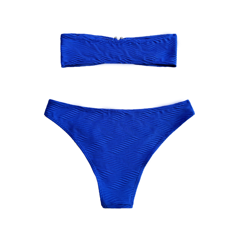 Sininen kuvio erityinen kangas olkaimeton yläosa U-painikkeet Split Swimsuit