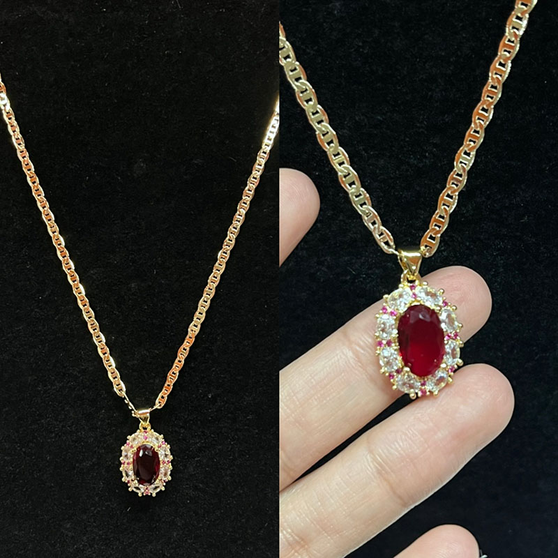 Royal Ruby Halo -kaulakoru timantilla & Vaaleanpunainen safiiria aksentteja 14K kultaketjussa