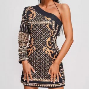 Kesä Jacquard Knit Lint State -hihainen, helmillä varustetut ohut mekot