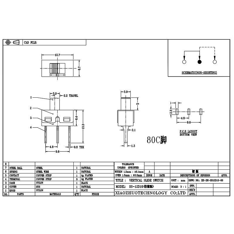Liukukytkin SS12D10 Elektroninen lelun liukukytkin 2-Asema 3-nastainen-Stage Band Switch